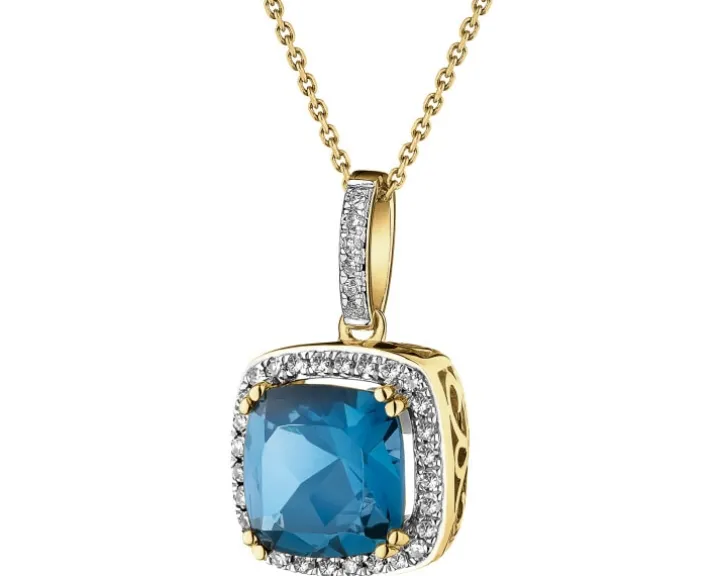 Zawieszka z żółtego złota z diamentami i topazem London Blue - próba 585