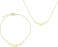 Złota bransoletka i naszyjnik - komplet - serca, skrzydła