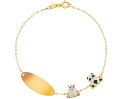 Złota bransoletka z emalią i blaszką - hipopotam,  miś panda