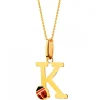 Złota zawieszka z emalią - litera K - biedronka