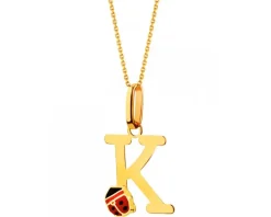 Złota zawieszka z emalią - litera K - biedronka