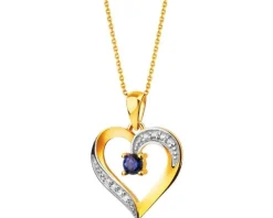 Złota zawieszka z szafirem syntetycznym i cyrkoniami - serce