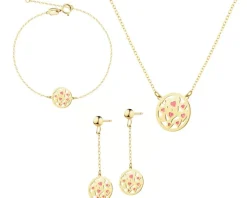 Złote kolczyki, bransoletka i naszyjnik z emalią - komplet - serca