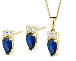 Złote kolczyki i zawieszka z szafirami syntetycznymi i cyrkoniami - komplet