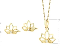 Złote kolczyki i zawieszka z cyrkoniami - komplet - kwiaty lotosu