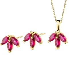 Złote kolczyki i zawieszka z rubinami syntetycznymi - komplet