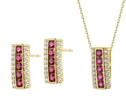 Złote kolczyki i zawieszka z rubinami syntetycznymi i cyrkoniami - komplet