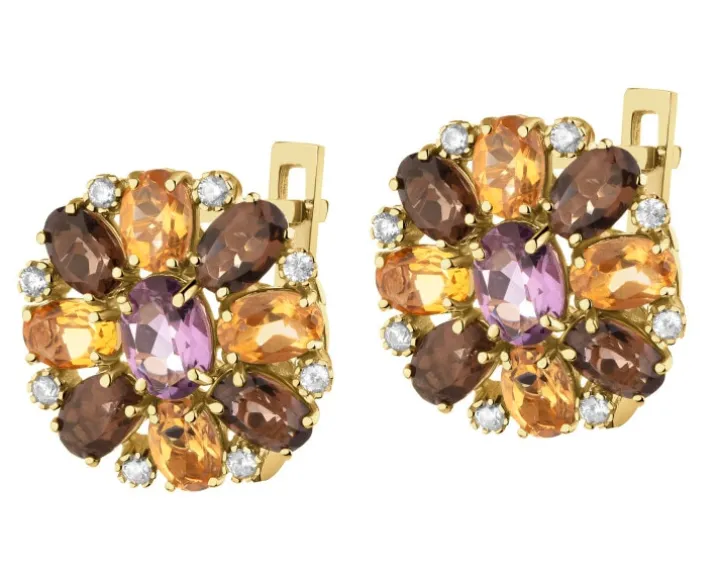 Złote kolczyki z ametystami, cytrynami, kwarcami dymnymi i cyrkoniami - kwiaty