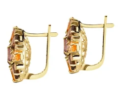 Złote kolczyki z ametystami, cytrynami, kwarcami dymnymi i cyrkoniami - kwiaty