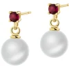 Złote kolczyki z rubinami syntetycznymi i perłami