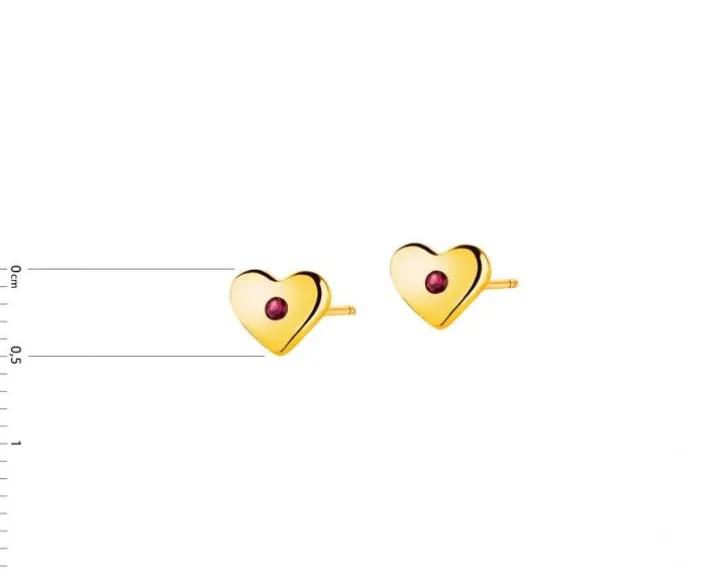 Złote kolczyki z rubinami syntetycznymi - serca