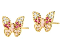 Złote kolczyki z rubinami syntetycznymi i cyrkoniami  - motyle