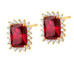Złote kolczyki z rubinami syntetycznymi i  cyrkoniami