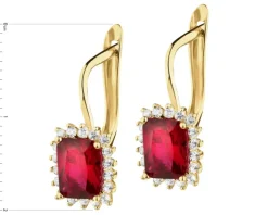 Złote kolczyki z rubinami syntetycznymi i cyrkoniami