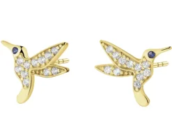 Złote kolczyki z szafirami syntetycznymi i cyrkoniami - kolibry