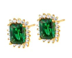 Złote kolczyki ze szmaragdami syntetycznymi i  cyrkoniami