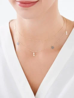 Złoty naszyjnik z emalią, ankier - nieskończoności, kwiaty