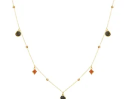 Złoty naszyjnik z malowanymi elementami ozdobnymi, ankier - koła, romby