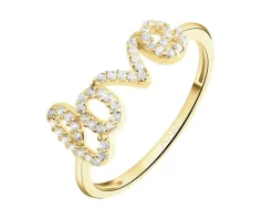 Złoty pierścionek z cyrkoniami - love