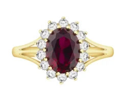Złoty pierścionek z rubinem syntetycznym i cyrkoniami
