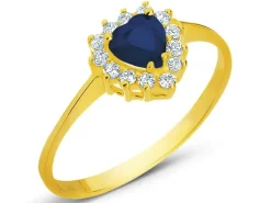 Złoty pierścionek z szafirem syntetycznym i cyrkoniami - serce