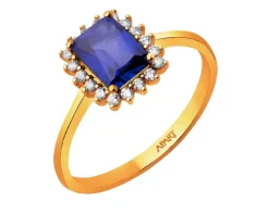 Złoty pierścionek z szafirem syntetycznym i cyrkoniami