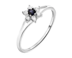 Złoty pierścionek z szafirem syntetycznym i cyrkoniami - kwiat